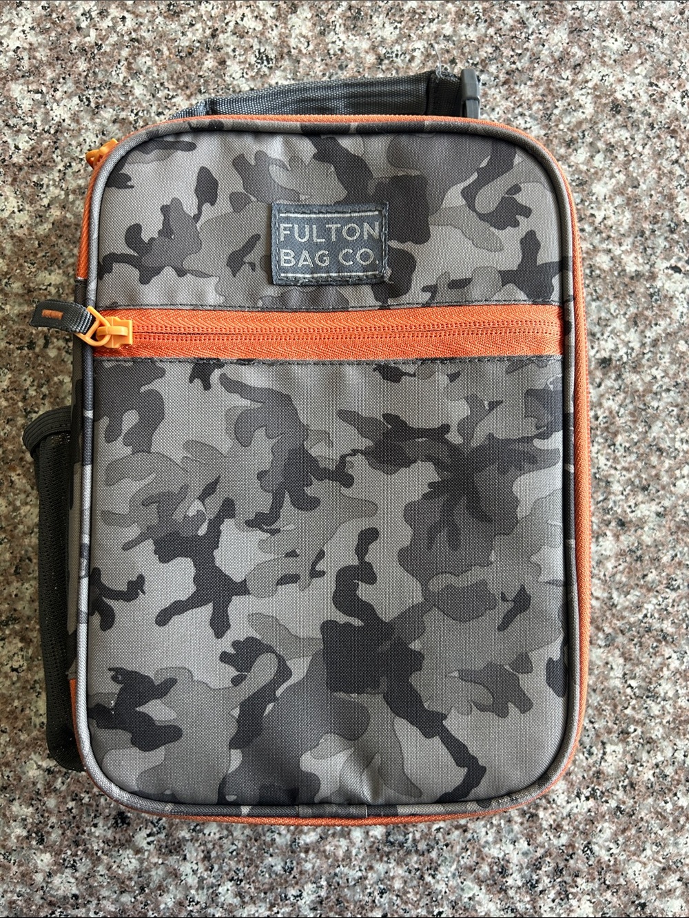 Gray Camo Lunch Bag with Orange Accents